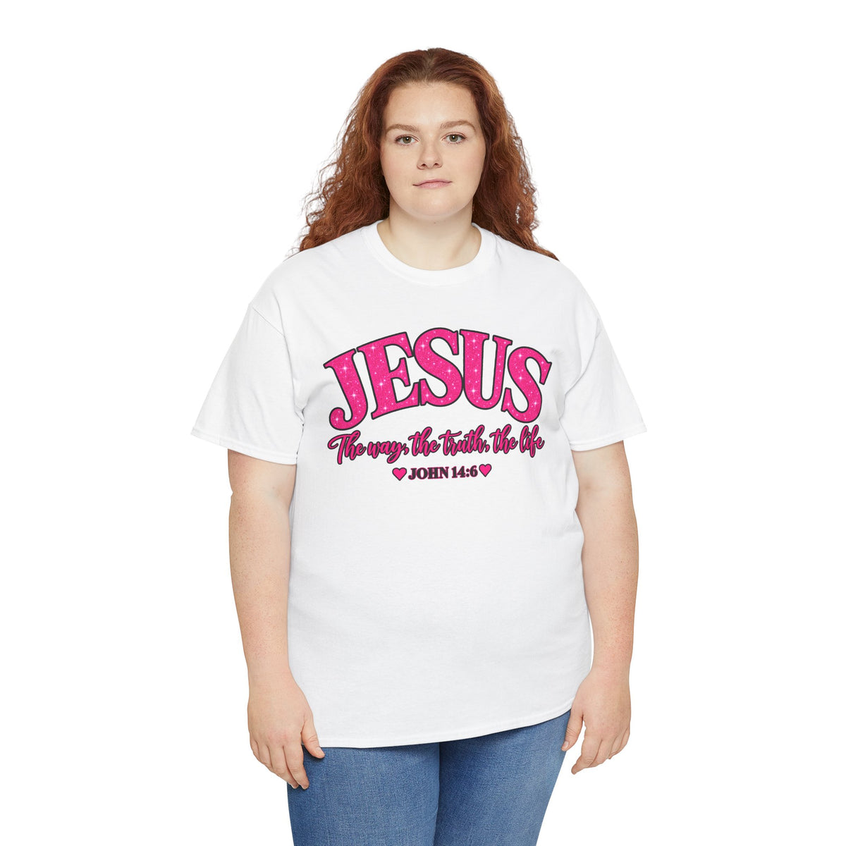 Christian T-Shirt — "JESUS The way, the truth, the life" (John 14:6) Pink Vintage Script