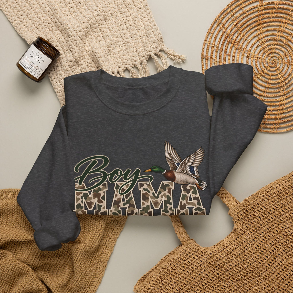 Boy Mama Crewneck Sweatshirt — Camo Lettering with Flying Duck