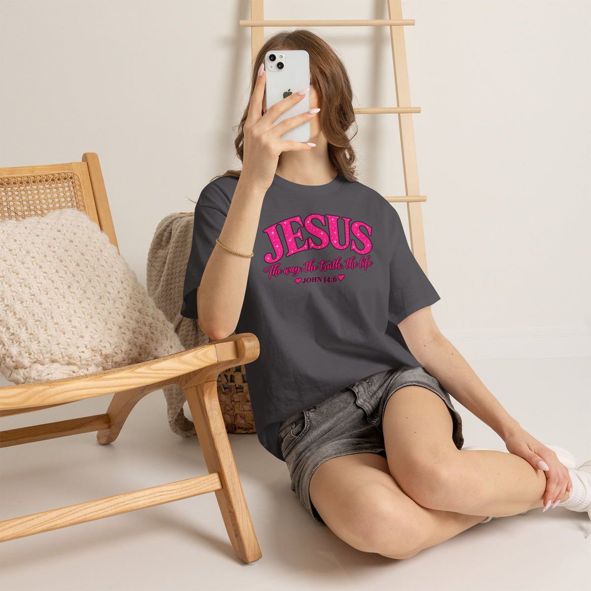 Christian T-Shirt — "JESUS The way, the truth, the life" (John 14:6) Pink Vintage Script