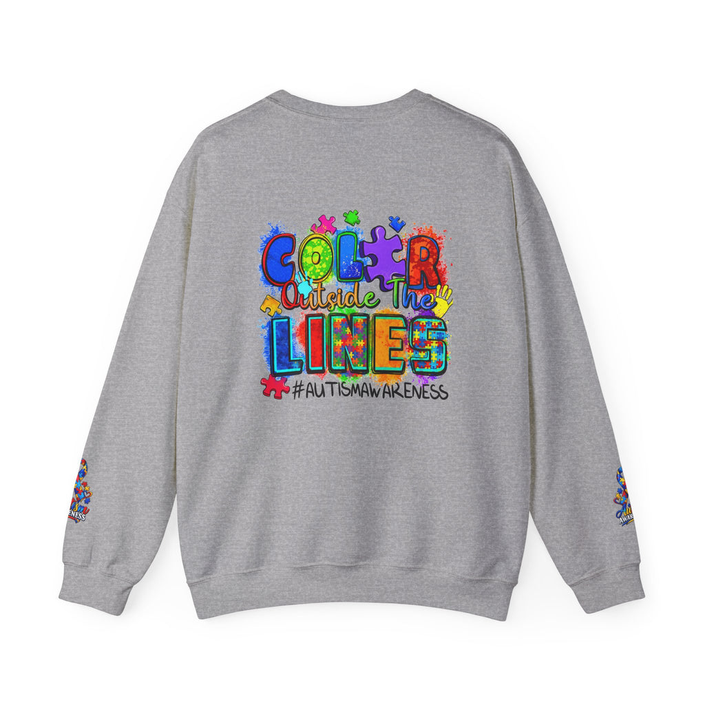 Autism Awareness Crewneck Sweatshirt — "Color Outside the Lines" Puzzle Ribbon Design
