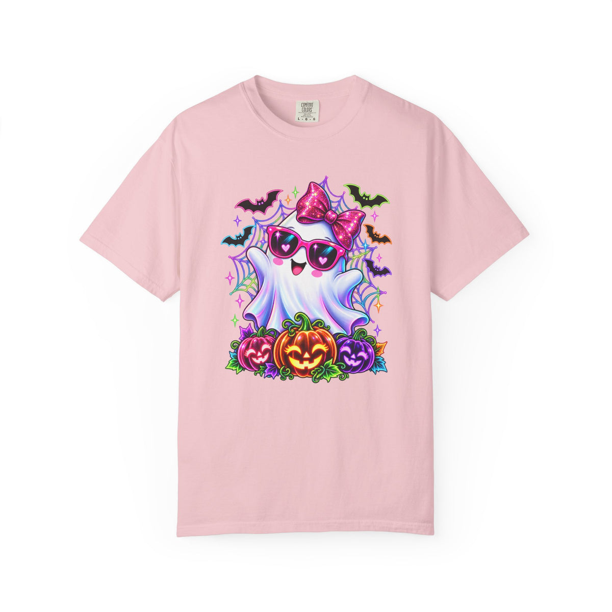 Cute Halloween Ghost T-Shirt — Pink Bow Ghost with Sunglasses & Pumpkins