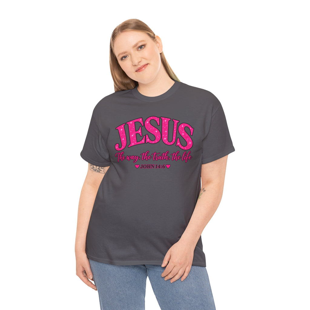 Christian T-Shirt — "JESUS The way, the truth, the life" (John 14:6) Pink Vintage Script
