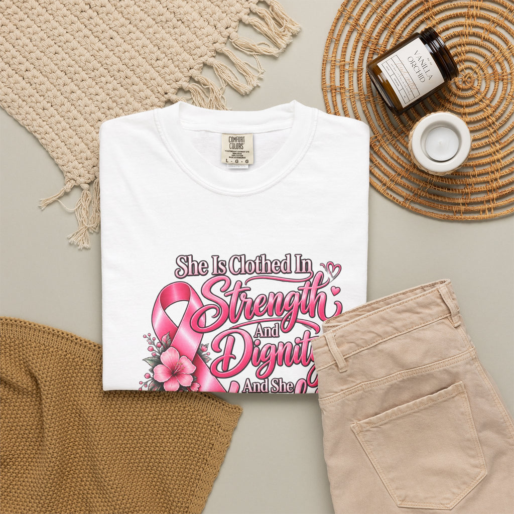 Breast Cancer Awareness T-Shirt — "She is Clothed in Strength" Pink Ribbon Tee