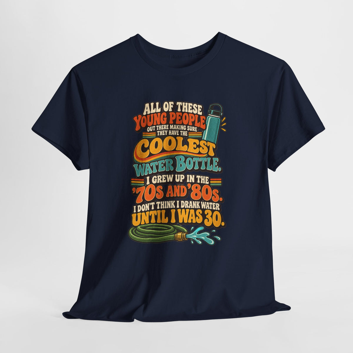 Retro 70s-80s Funny Water Bottle Tee — "Coolest Water Bottle" Graphic T-Shirt