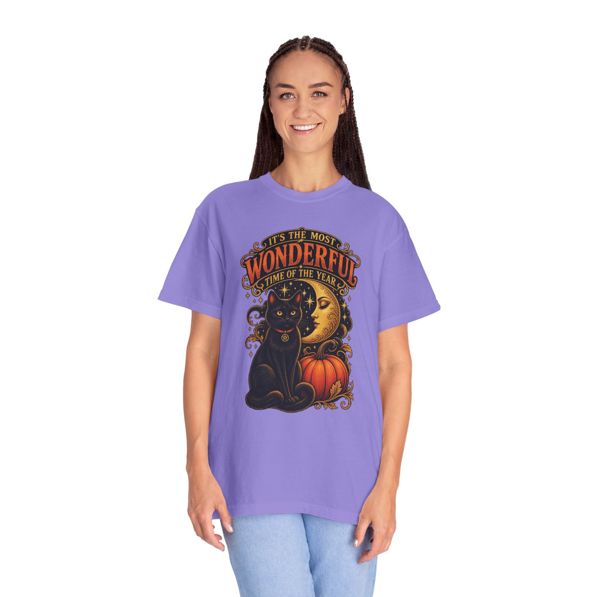 T-Shirt — "It's the Most Wonderful Time of the Year" Halloween Black Cat & Pumpkin