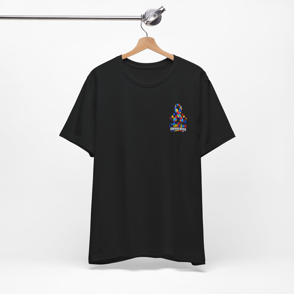 Autism Awareness Ribbon Chest Tee — 'Different, Not Less' Short Sleeve T-Shirt