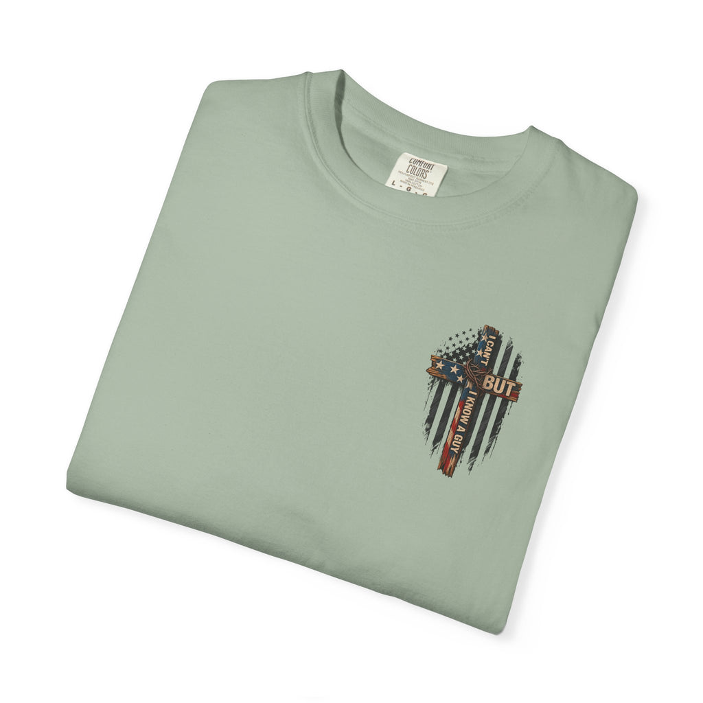 T-Shirt — 'I Can't But I Know A Guy' American Flag Cross Graphic