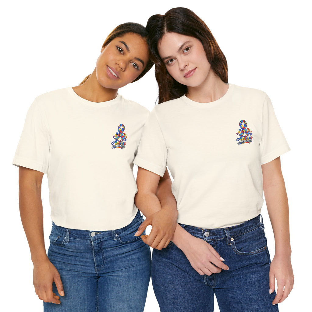 Autism Awareness Ribbon Chest Tee — 'Different, Not Less' Short Sleeve T-Shirt