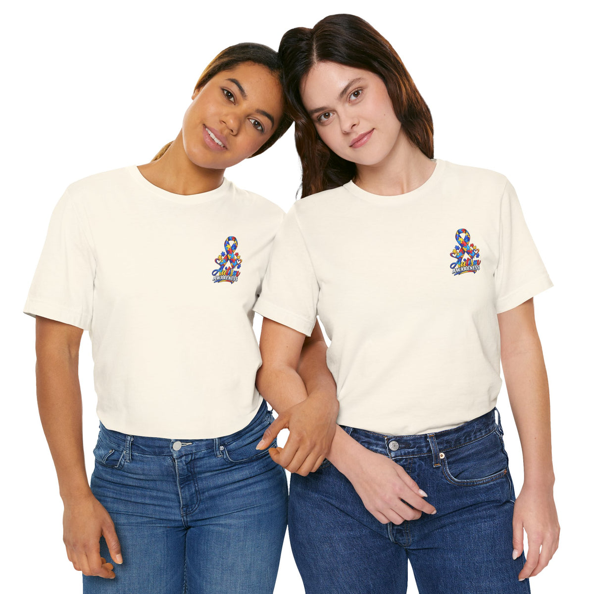 Autism Awareness Ribbon Chest Tee — 'Different, Not Less' Short Sleeve T-Shirt