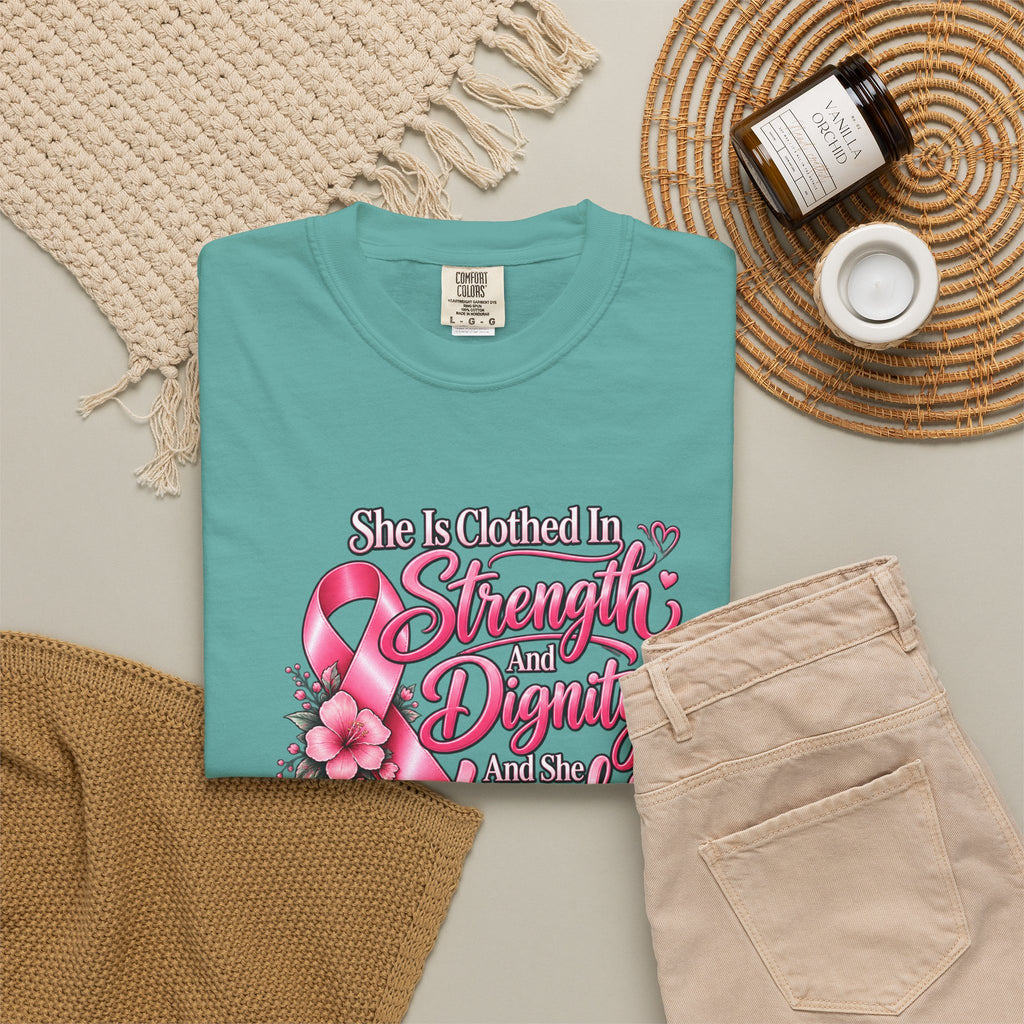 Breast Cancer Awareness T-Shirt — "She is Clothed in Strength" Pink Ribbon Tee