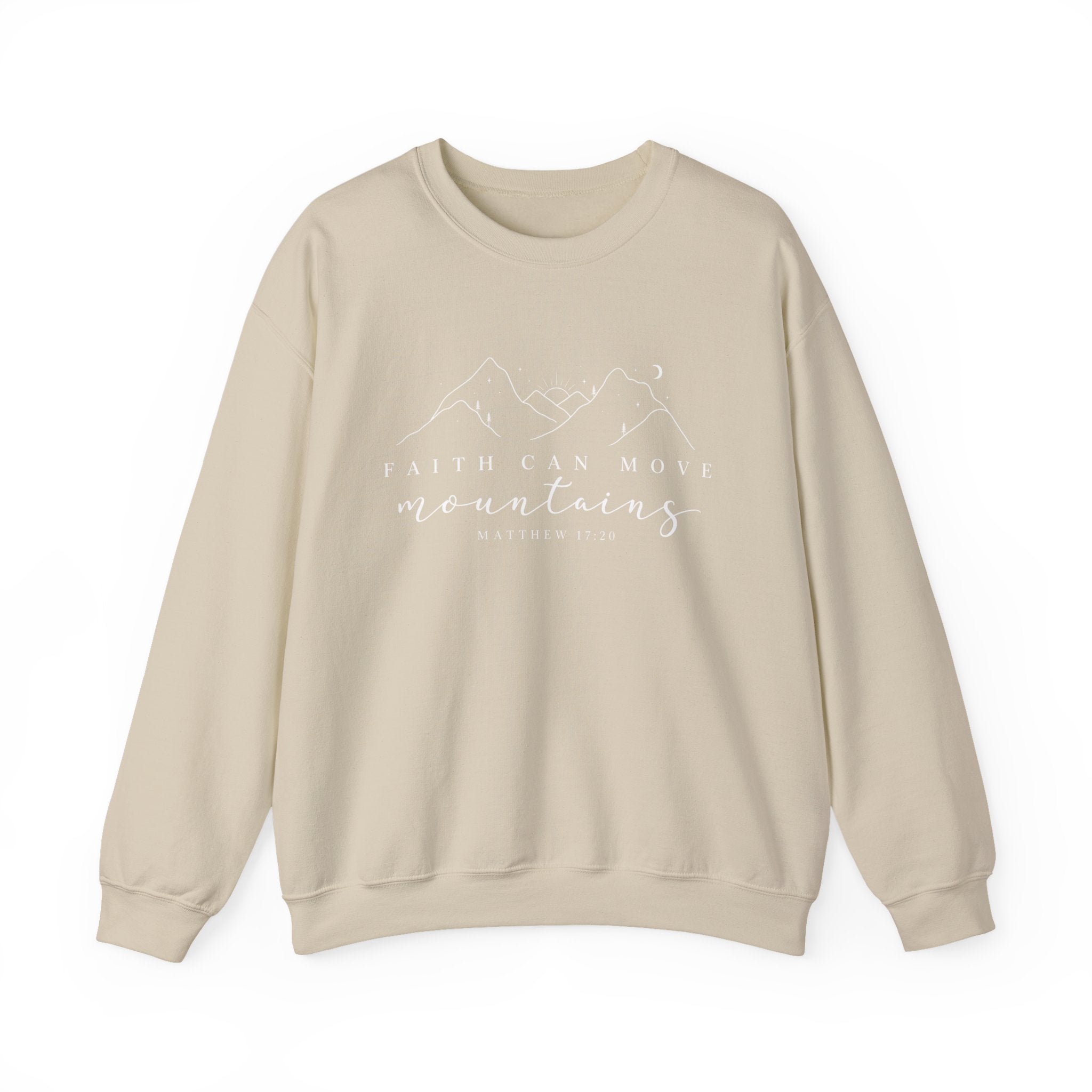 Faith Can Move Mountains Crewneck Sweatshirt — Matthew 17:20 Christian Mountain Design