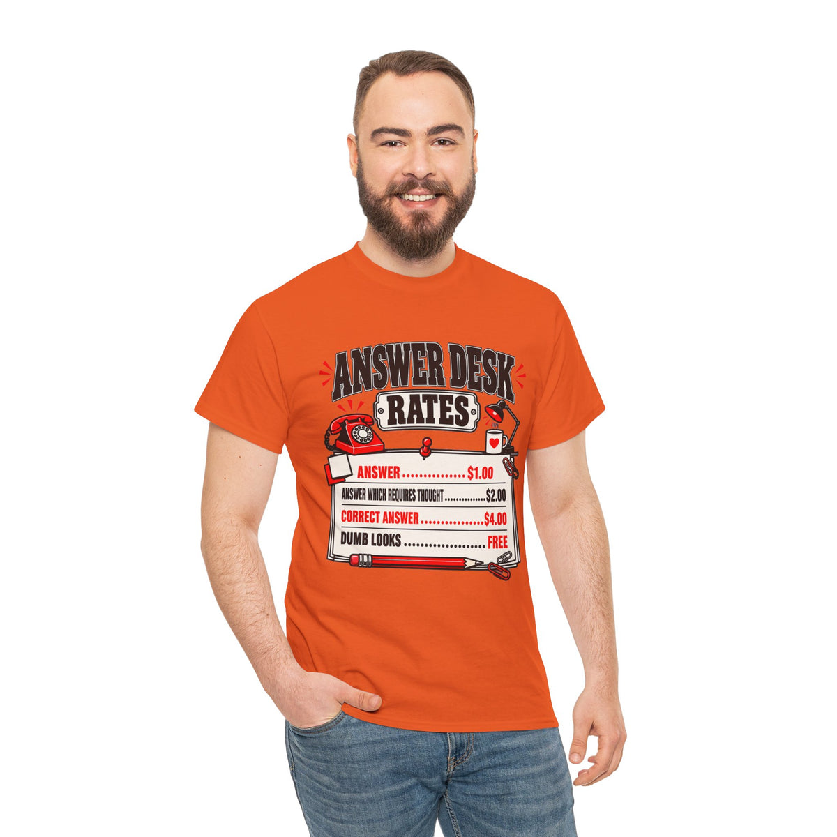 Answer Desk Rates T-Shirt — Funny Help Desk IT Support Tee ("Answer 1.00, Correct Answer 4.00")