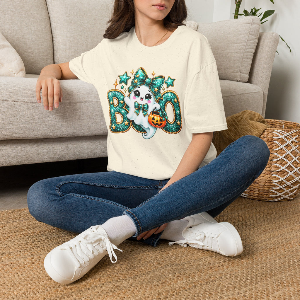 Boo Ghost Graphic T-Shirt — Cute Teal Glitter Halloween Tee