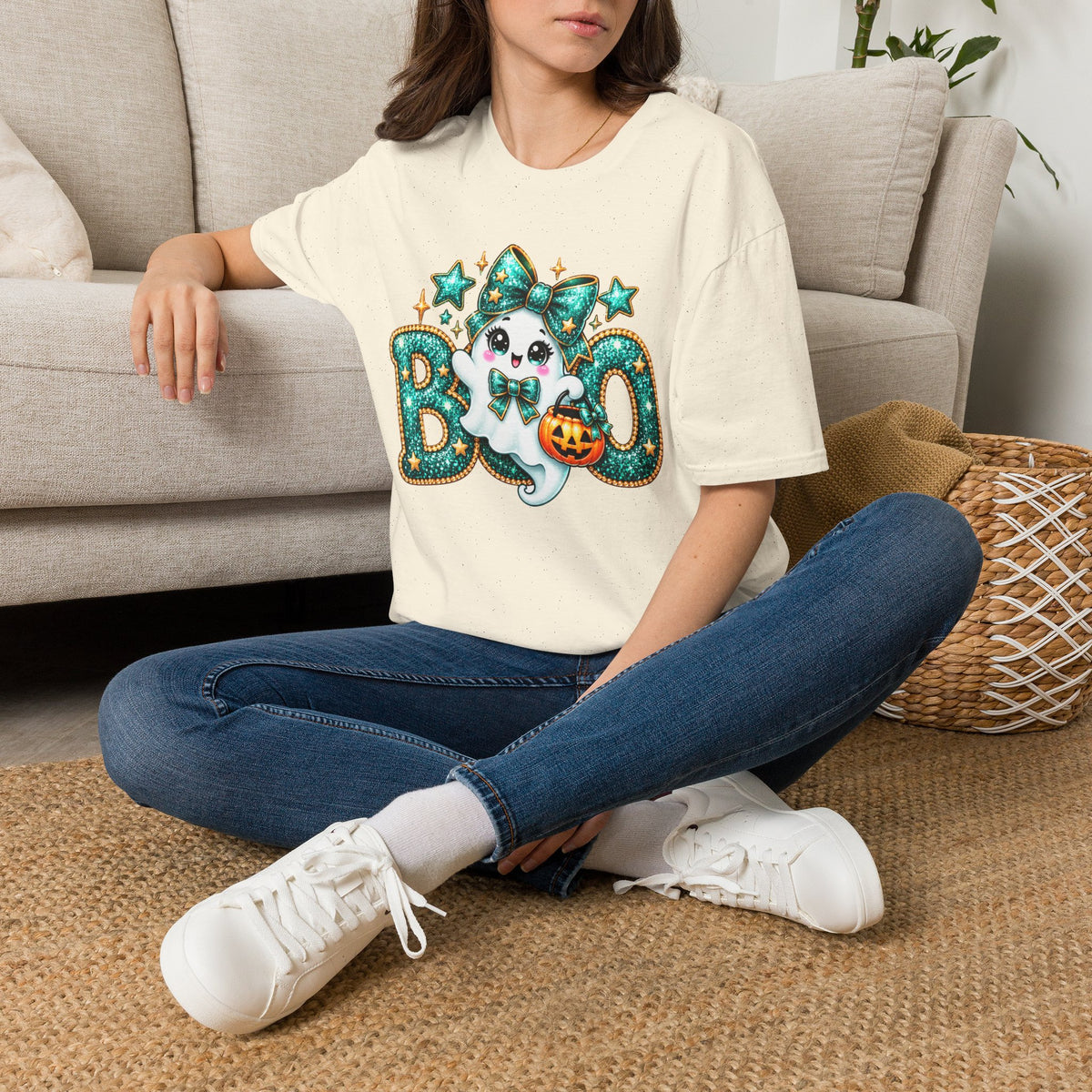 Boo Ghost Graphic T-Shirt — Cute Teal Glitter Halloween Tee