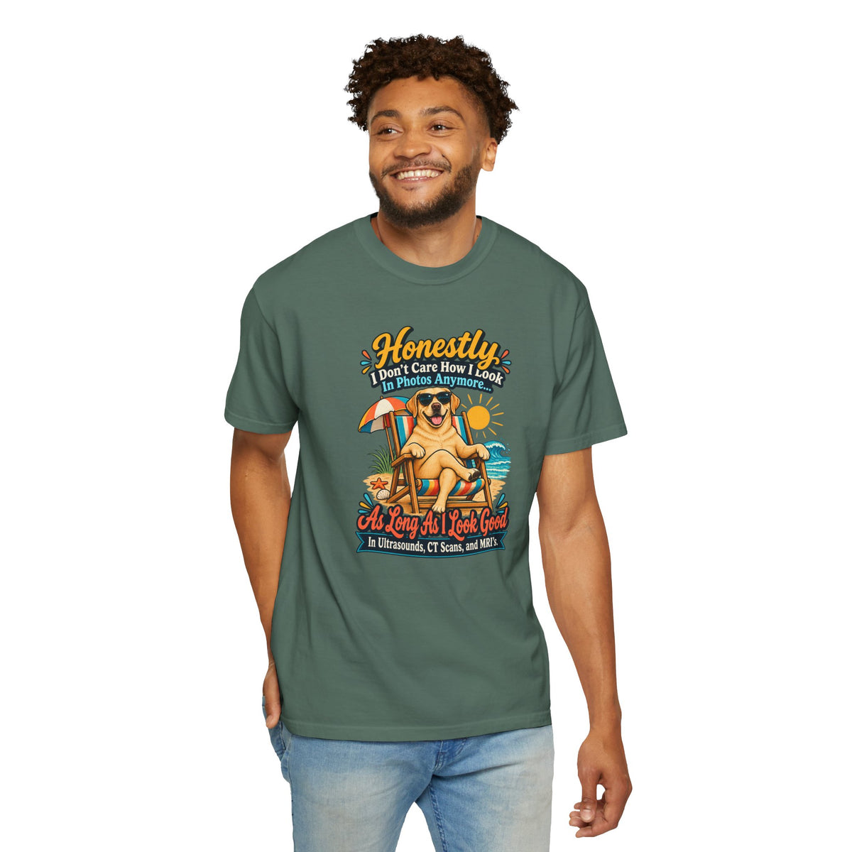 Honestly I Don’t Care How I Look In Photos Anymore T-Shirt — Funny Beach Dog Graphic Tee