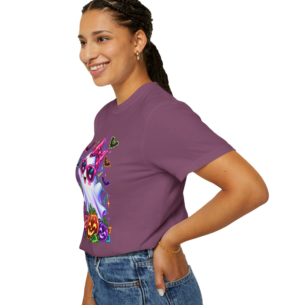 Cute Halloween Ghost T-Shirt — Pink Bow Ghost with Sunglasses & Pumpkins