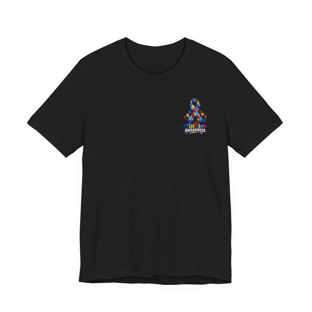 Autism Awareness Ribbon Chest Tee — 'Different, Not Less' Short Sleeve T-Shirt