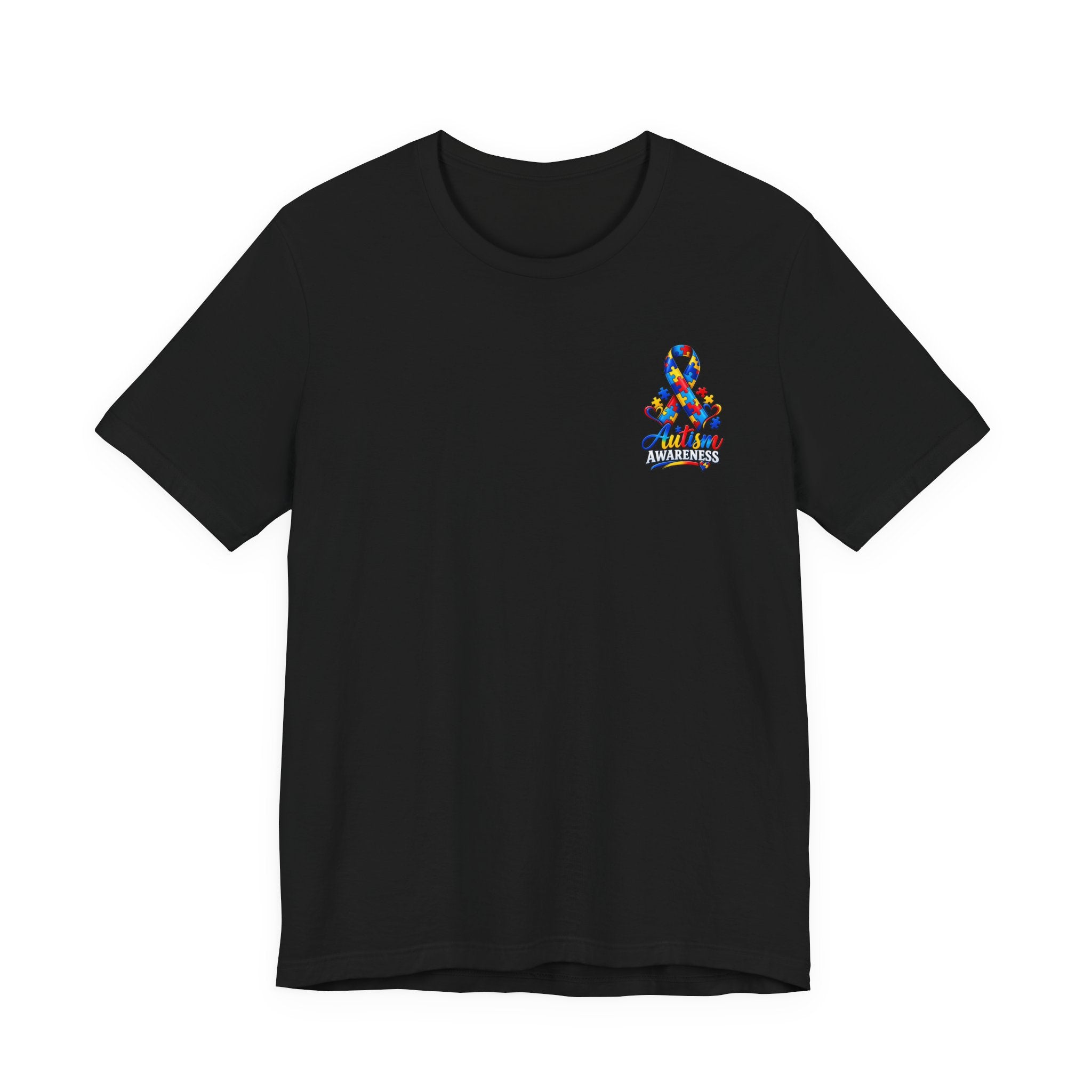 Autism Awareness Ribbon Chest Tee — 'Different, Not Less' Short Sleeve T-Shirt
