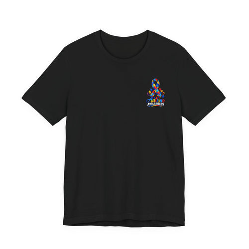 Autism Awareness Ribbon Chest Tee — 'Different, Not Less' Short Sleeve T-Shirt