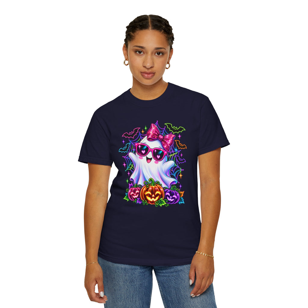 Cute Halloween Ghost T-Shirt — Pink Bow Ghost with Sunglasses & Pumpkins
