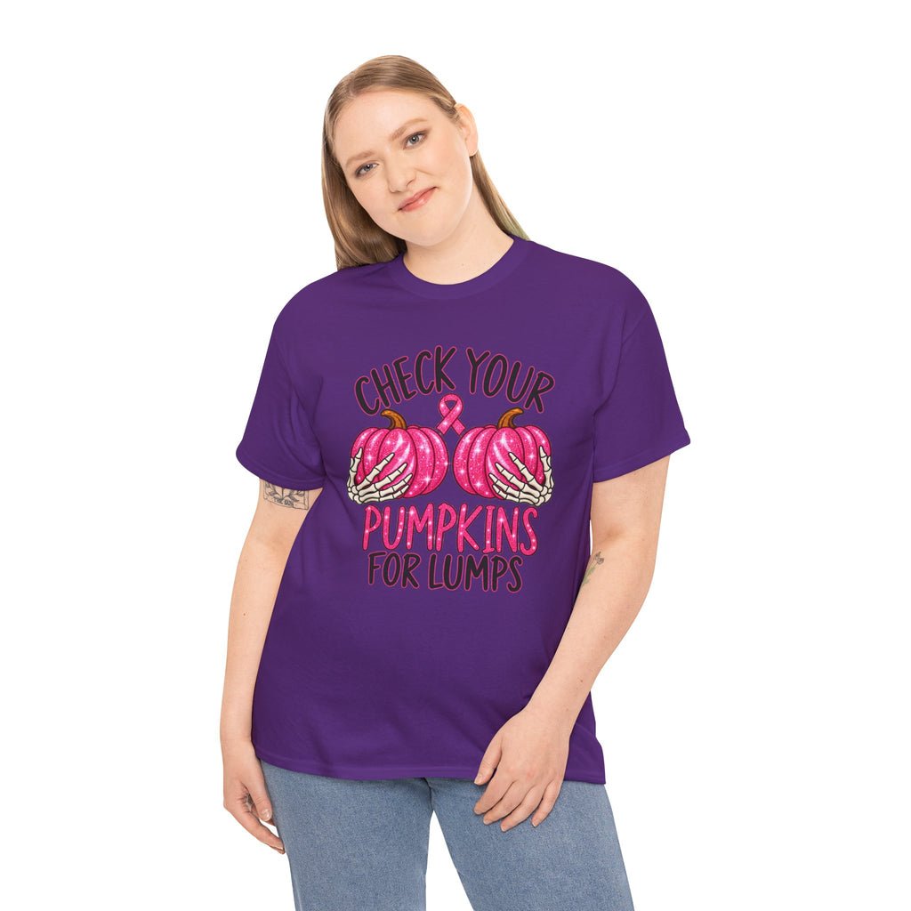 Breast Cancer Awareness T-Shirt — "Check Your Pumpkins for Lumps" Pink Ribbon Tee