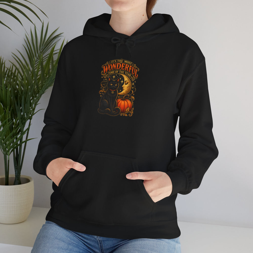 Halloween Black Cat Moon Hoodie – Vintage Pumpkin & Crescent Moon Fall Sweatshirt