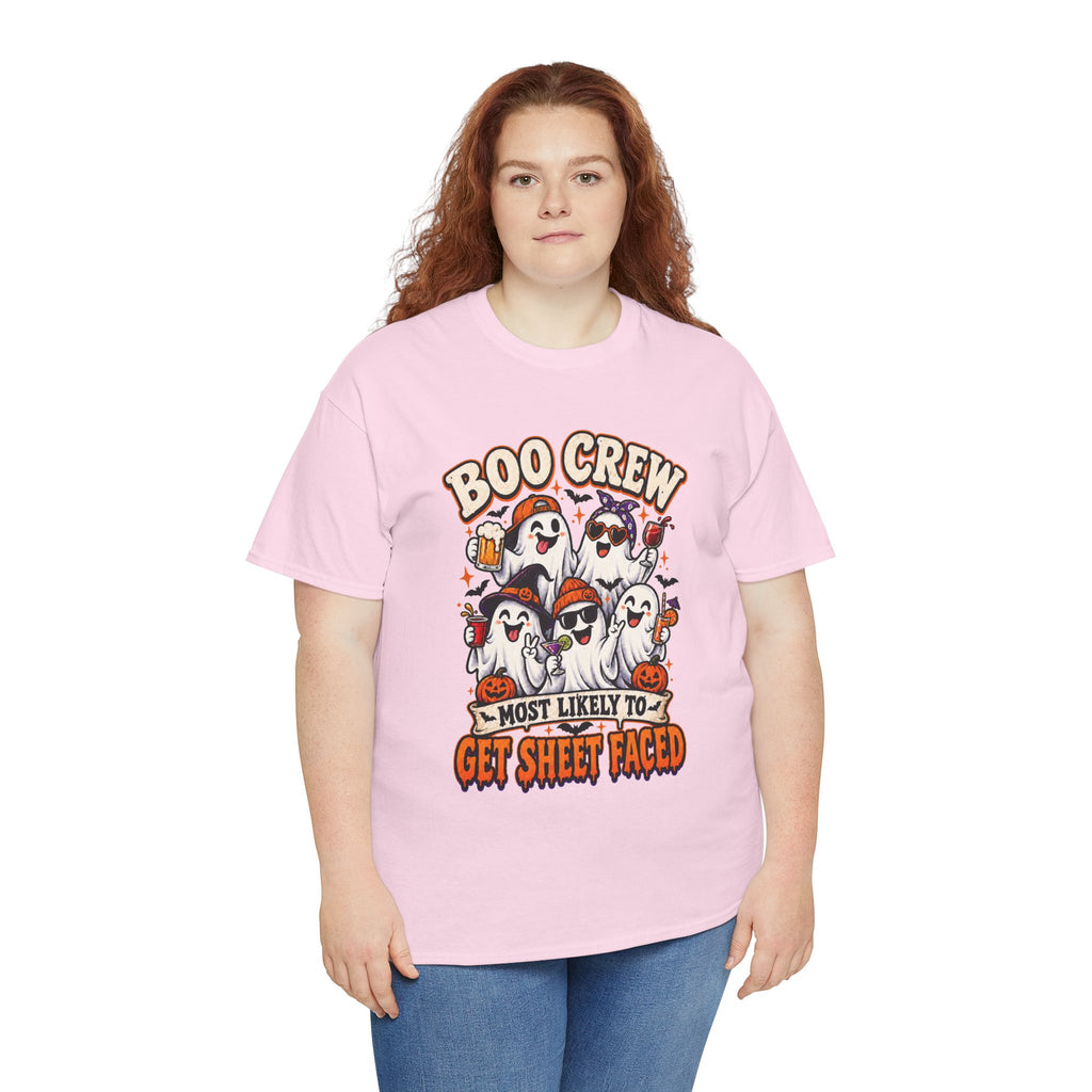 Boo Crew Halloween T-Shirt — “Most Likely to Get Sheet Faced” Funny Ghost Party Tee