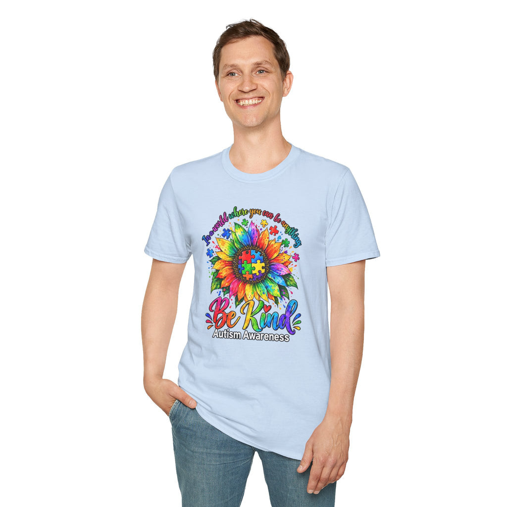 Autism Awareness Sunflower T-Shirt — 'Be Kind' Rainbow Puzzle Design