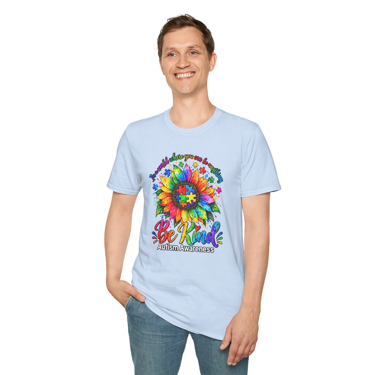 Autism Awareness Sunflower T-Shirt — 'Be Kind' Rainbow Puzzle Design