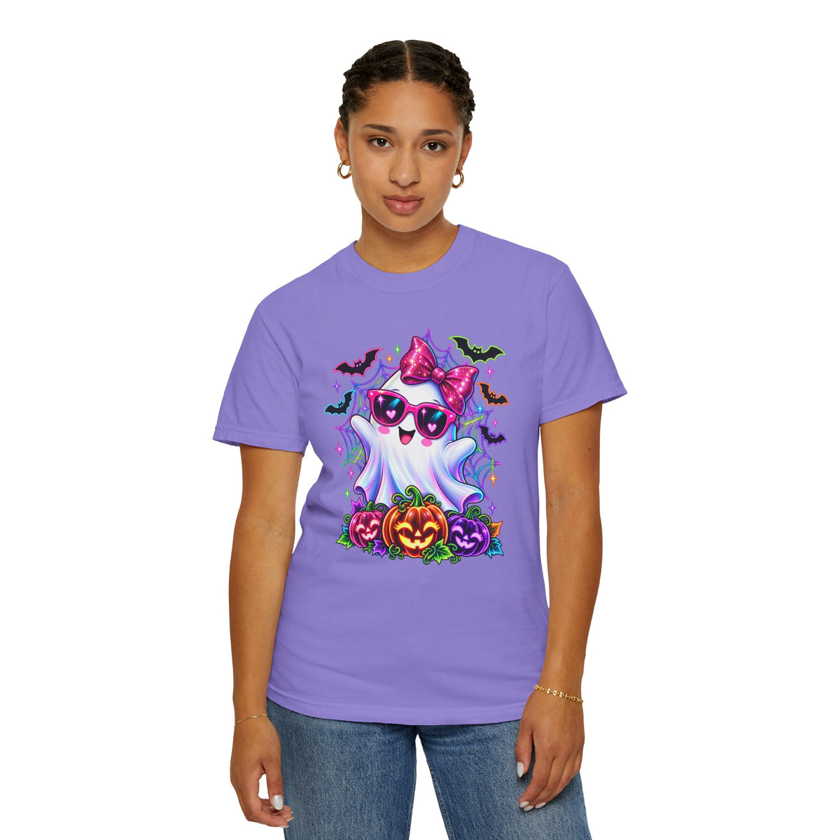 Cute Halloween Ghost T-Shirt — Pink Bow Ghost with Sunglasses & Pumpkins