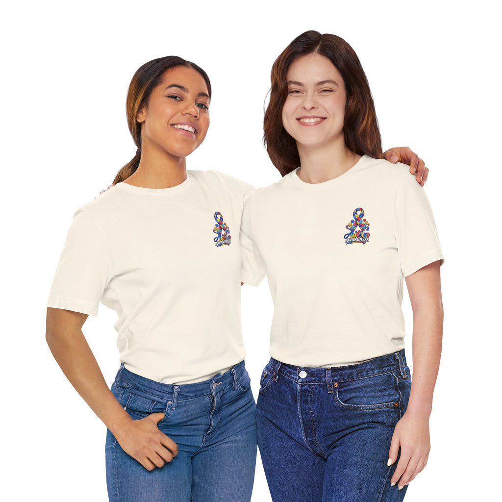 Autism Awareness Ribbon Chest Tee — 'Different, Not Less' Short Sleeve T-Shirt