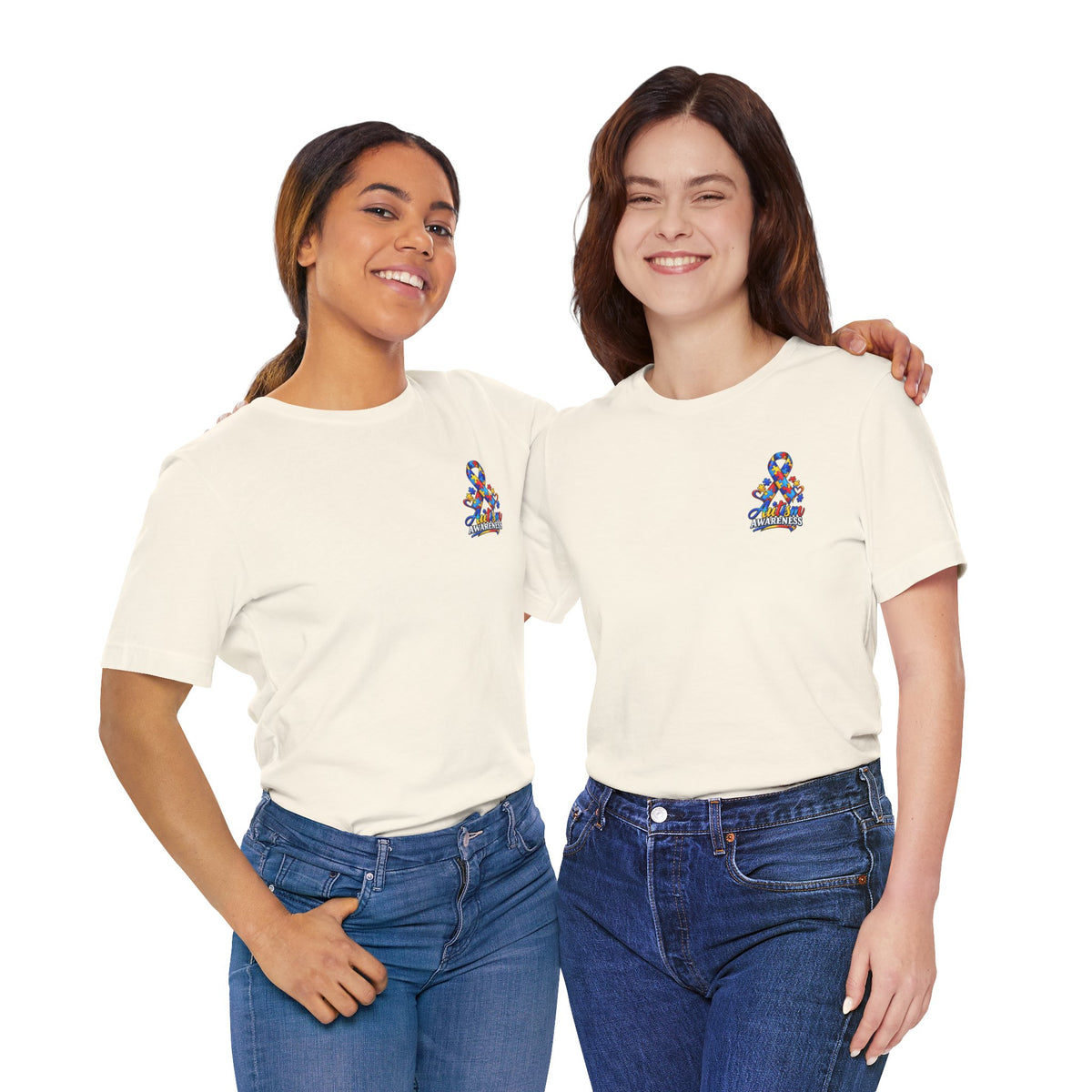 Autism Awareness Ribbon Chest Tee — 'Different, Not Less' Short Sleeve T-Shirt