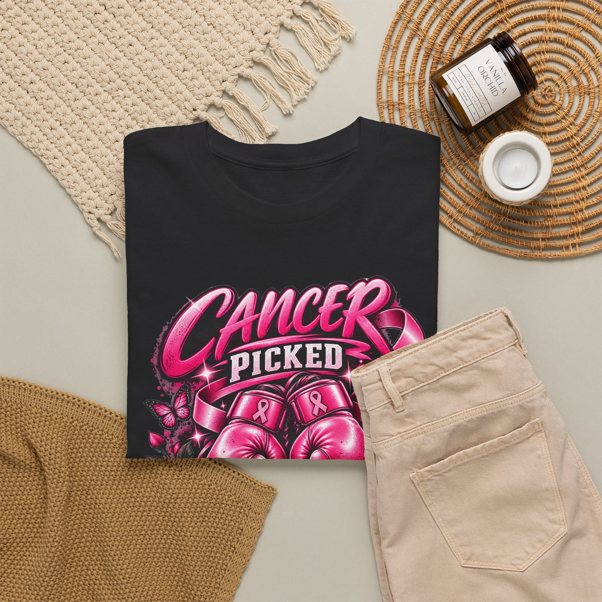 Cancer Picked The Wrong Fighter T-Shirt — Breast Cancer Awareness Support Tee