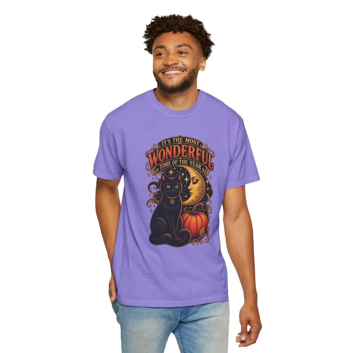 T-Shirt — "It's the Most Wonderful Time of the Year" Halloween Black Cat & Pumpkin
