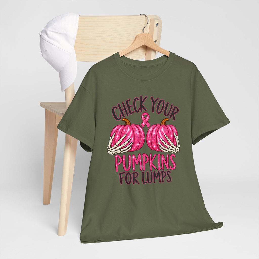 Breast Cancer Awareness T-Shirt — "Check Your Pumpkins for Lumps" Pink Ribbon Tee