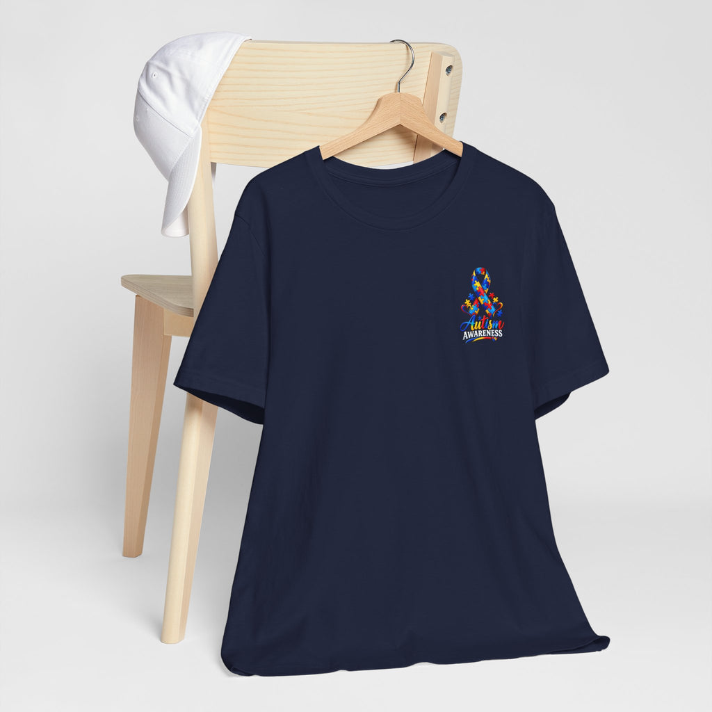 Autism Awareness Ribbon Chest Tee — 'Different, Not Less' Short Sleeve T-Shirt