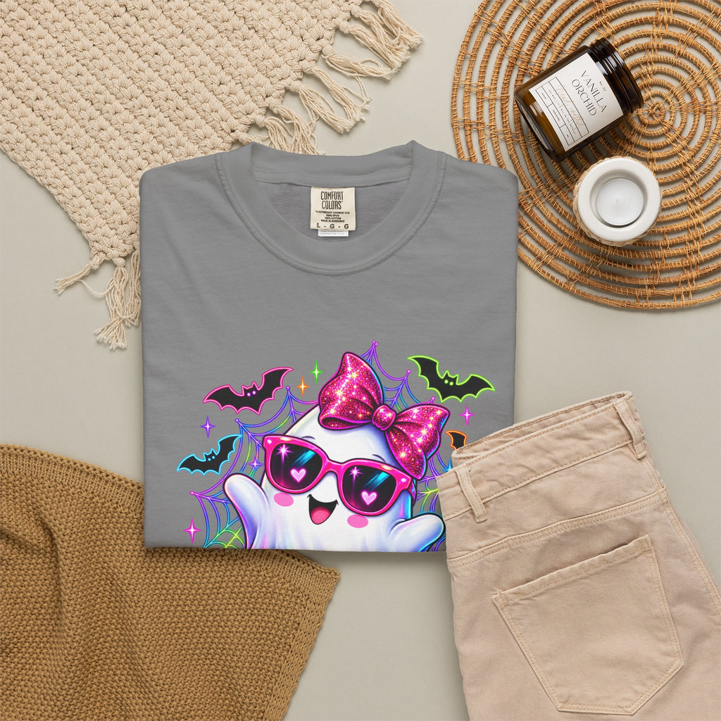 Cute Halloween Ghost T-Shirt — Pink Bow Ghost with Sunglasses & Pumpkins
