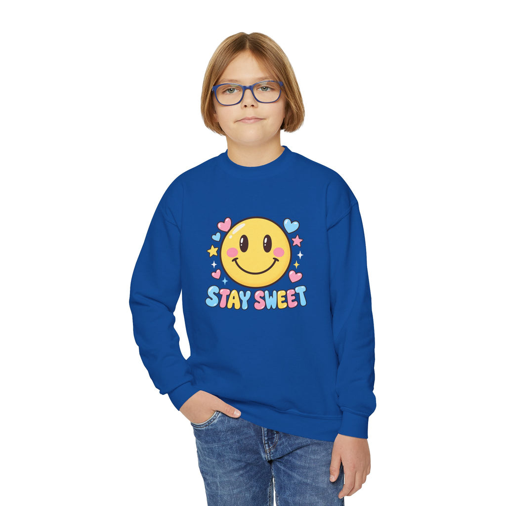 Youth Crewneck Sweatshirt — Cute Smiley "Stay Sweet" Graphic, Kids Cozy Pullover