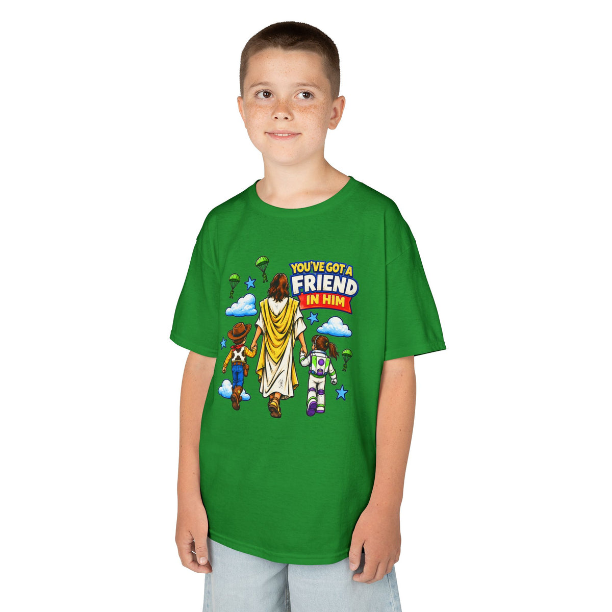 Kids Tee — "You've Gotta Friend in Him" Inspirational Jesus & Toy Friends Graphic