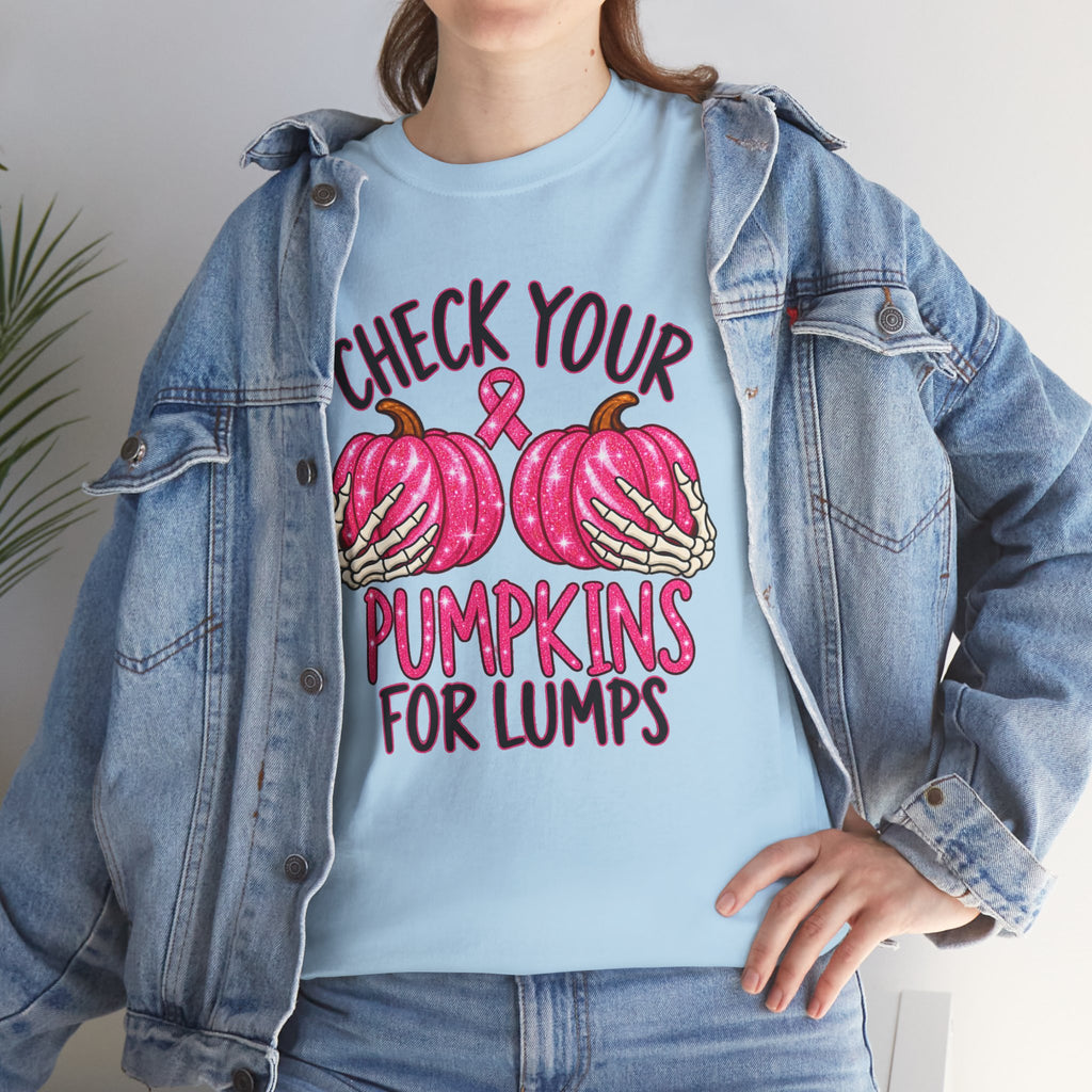 Breast Cancer Awareness T-Shirt — "Check Your Pumpkins for Lumps" Pink Ribbon Tee