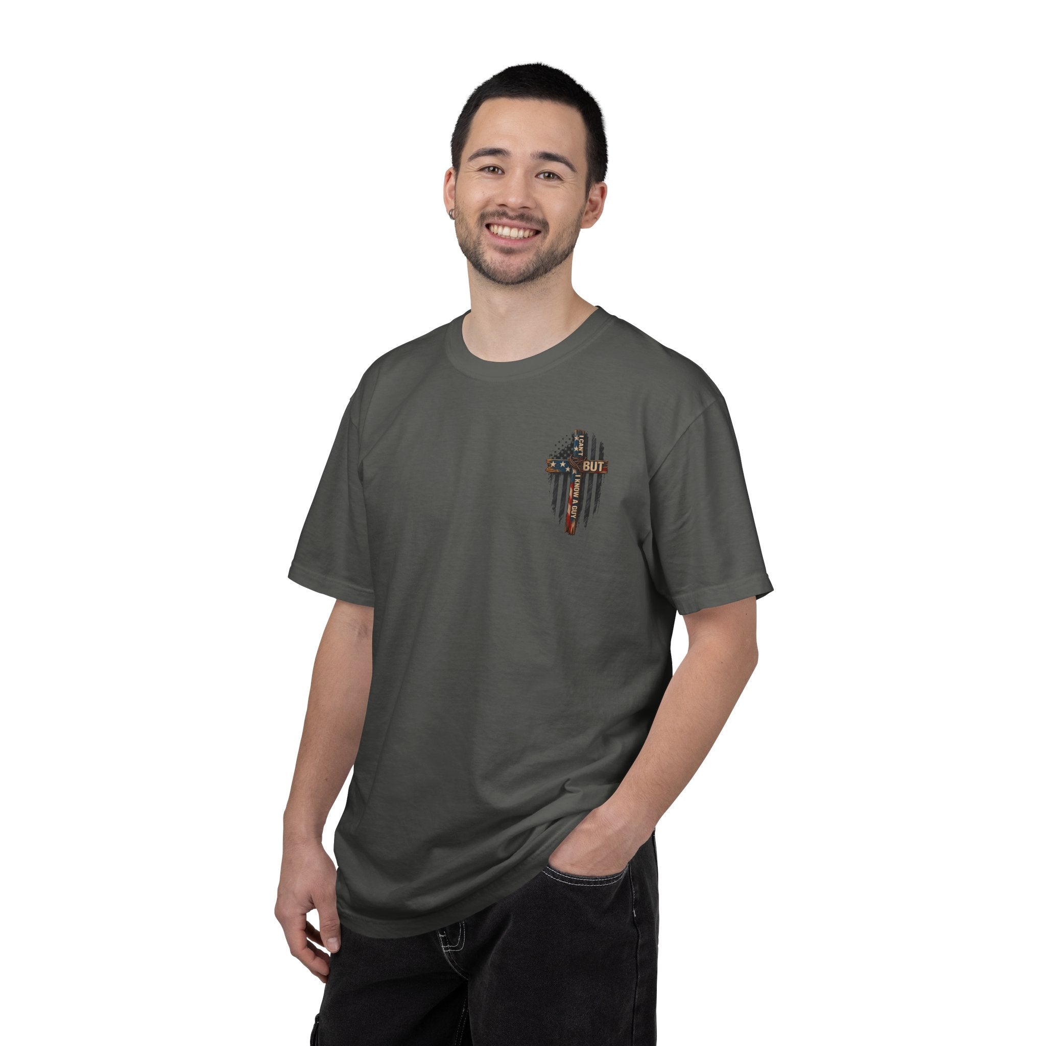 T-Shirt — 'I Can't But I Know A Guy' American Flag Cross Graphic