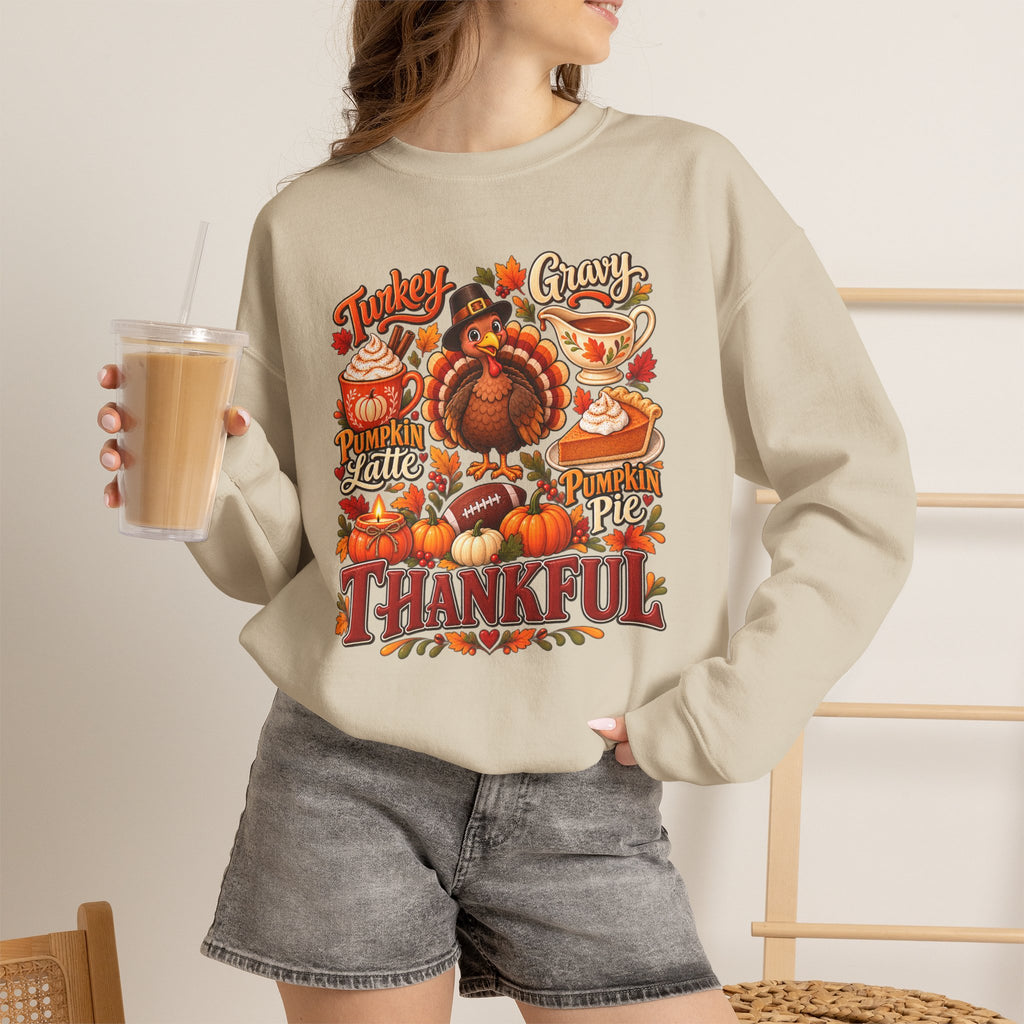 Thankful Thanksgiving Sweatshirt — Cute Turkey & Fall Harvest Crewneck