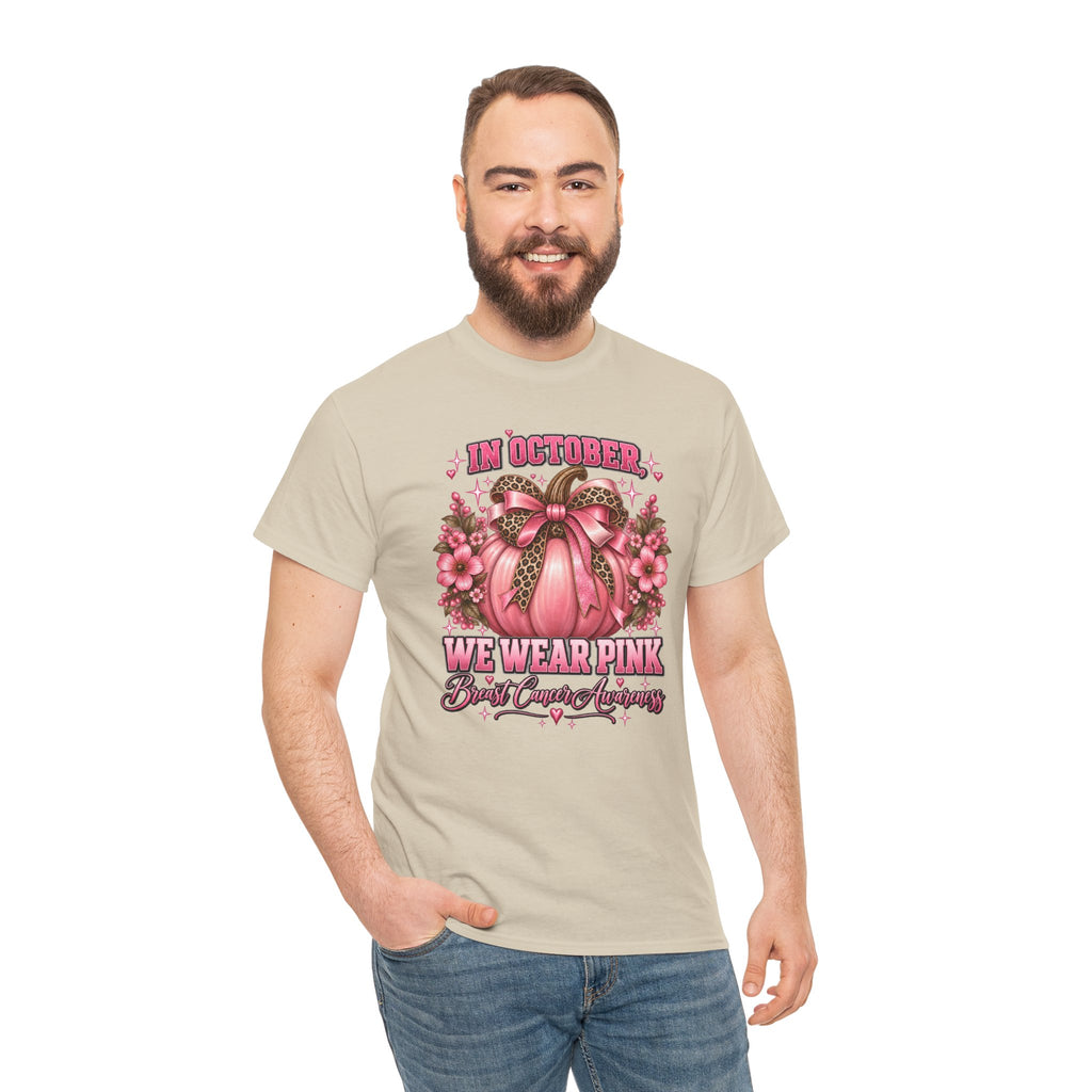 Breast Cancer Awareness T-Shirt — "In October We Wear Pink" Pumpkin Design