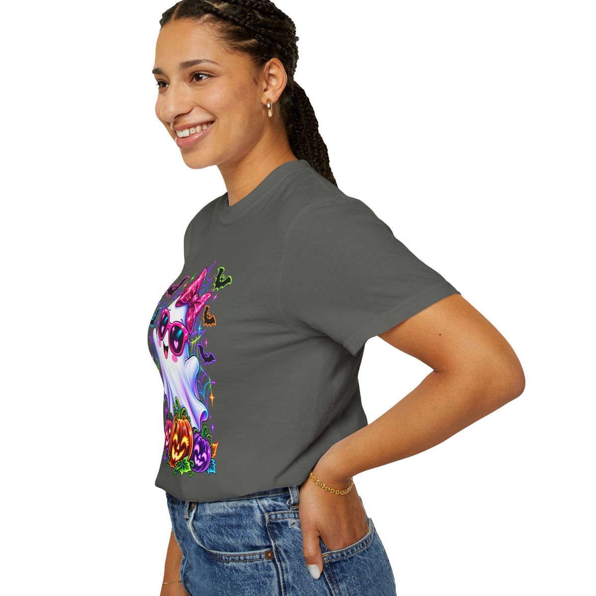 Cute Halloween Ghost T-Shirt — Pink Bow Ghost with Sunglasses & Pumpkins
