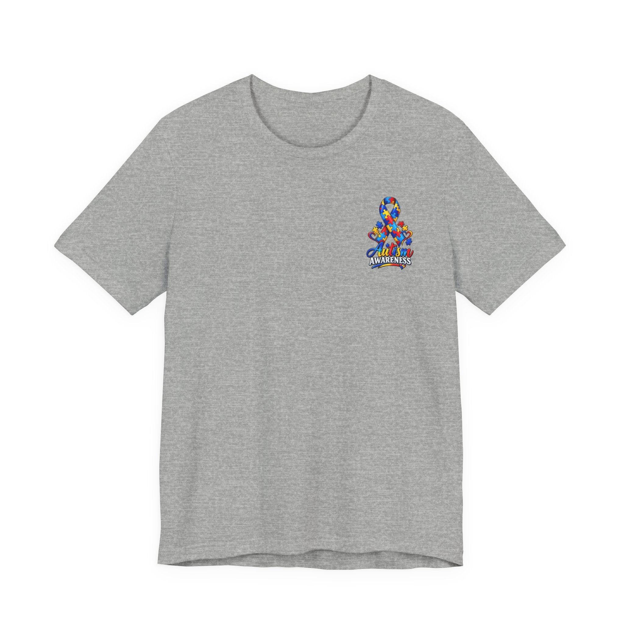 Autism Awareness Ribbon Chest Tee — 'Different, Not Less' Short Sleeve T-Shirt