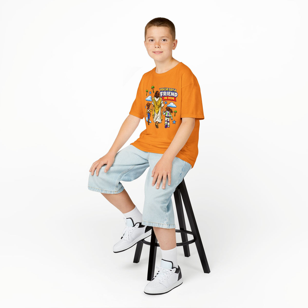 Kids Tee — "You've Gotta Friend in Him" Inspirational Jesus & Toy Friends Graphic