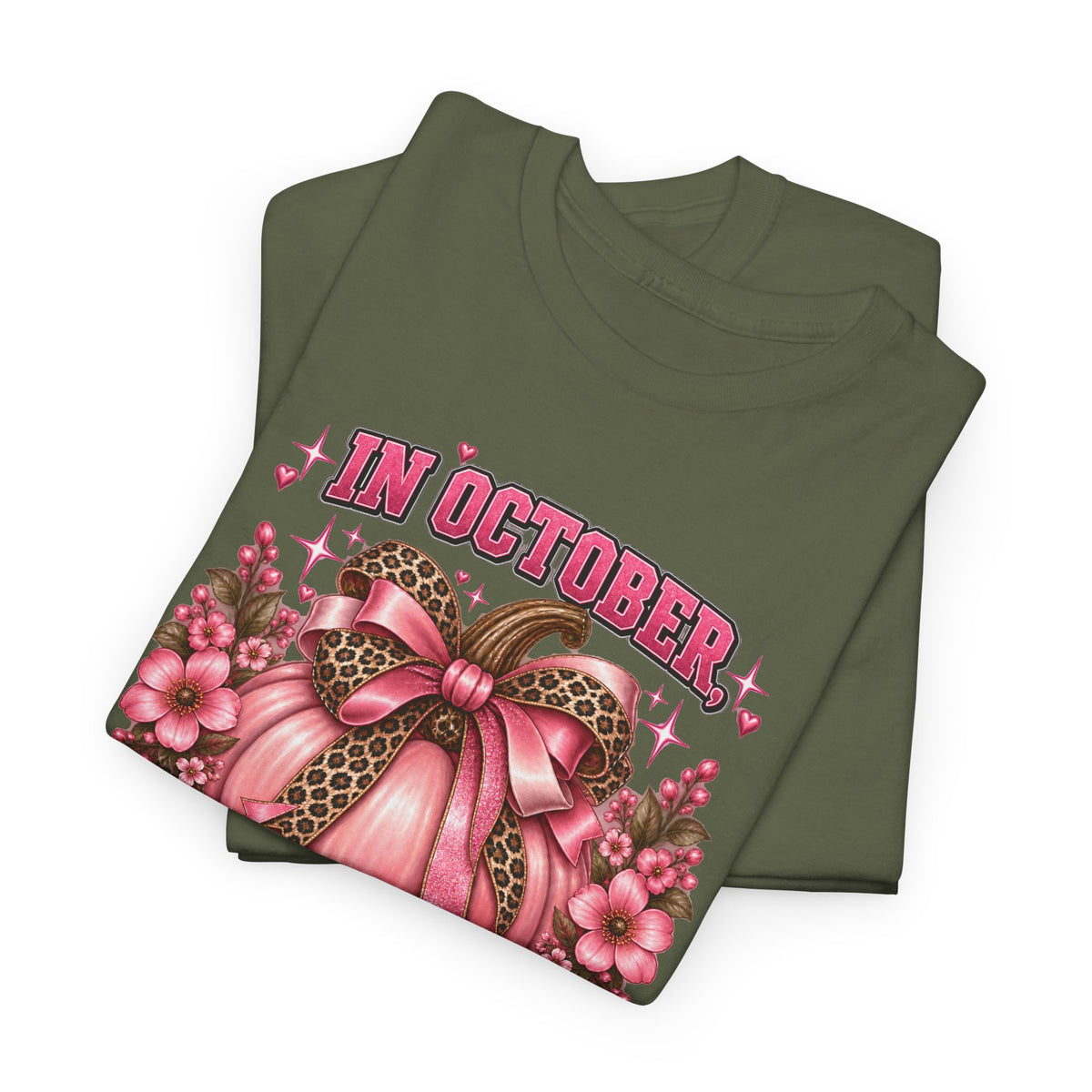 Breast Cancer Awareness T-Shirt — "In October We Wear Pink" Pumpkin Design