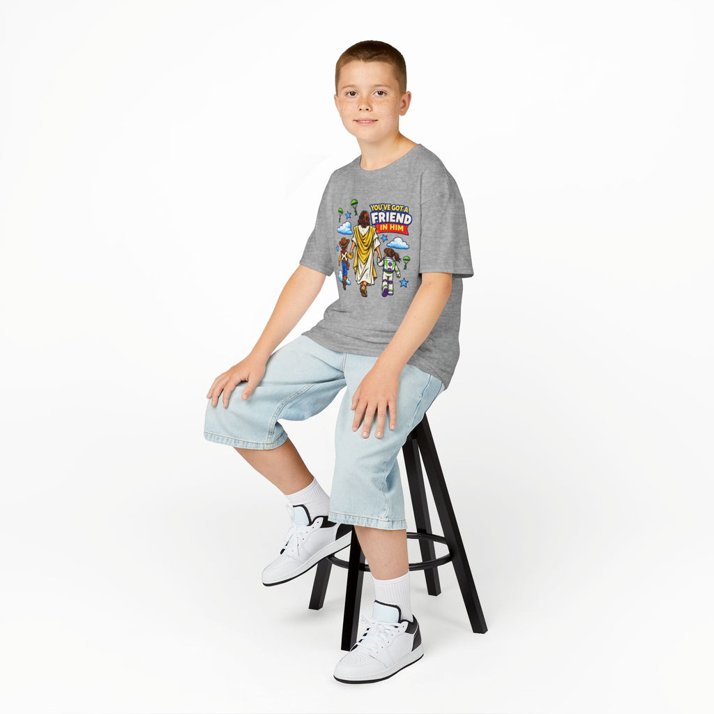 Kids Tee — "You've Gotta Friend in Him" Inspirational Jesus & Toy Friends Graphic