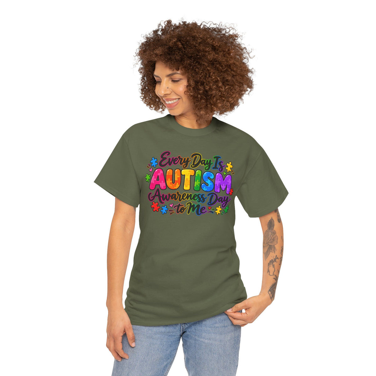 Autism Awareness T-Shirt — "Every Day Is Autism Awareness Day to Me" Colorful Puzzle Tee