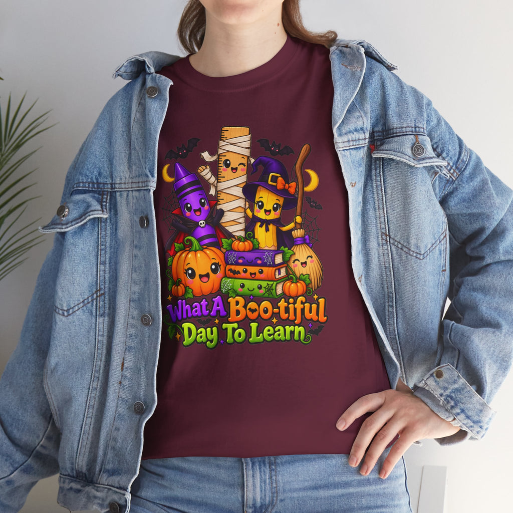 Halloween Teacher Tee — "What A Boo-tiful Day To Learn" Kids' Classroom Shirt